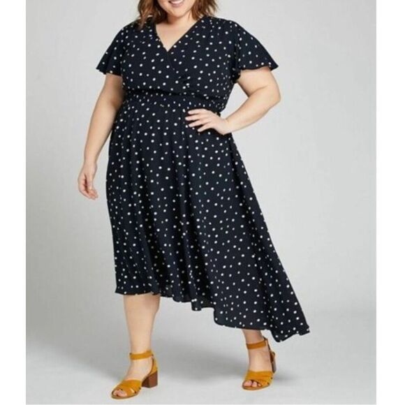 Lane Bryant Fit & Flare Polka Dot‎ Dress Women's 18/20 Navy/White Flutter Sleeve - Picture 1 of 5